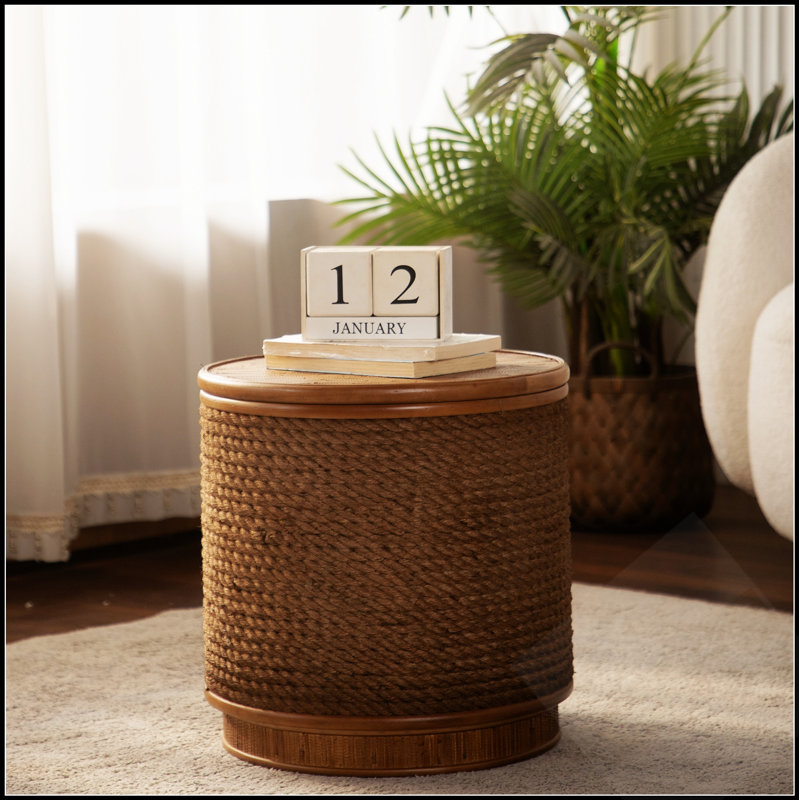 Table basse ronde en rotin avec rangement amovible, garniture en corde de chanvre tissée à la main, style boho-chic, parfaite pour les salons confortables et les espaces compacts