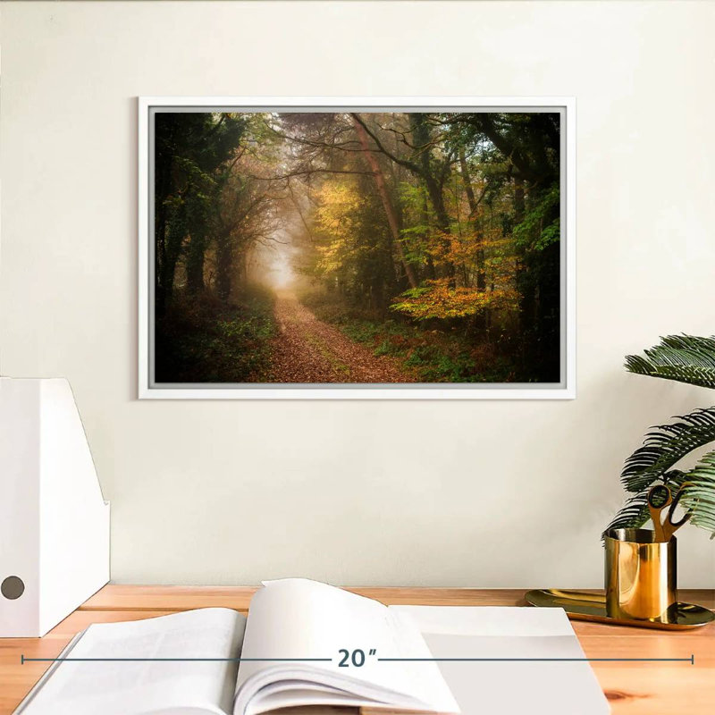 Chemin dans la forêt d'automne, Cadre flottant blanc, 13 po x 9 po