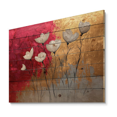 Fleurs roses et dorées, forme pure de marbre II - Art mural en bois de coquelicot - sur bois de pin naturel