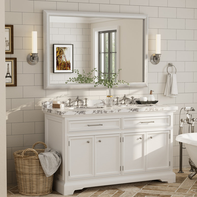 Amara Tempered Glass Mounted Wall Mirror, 55" x 36", Brushed Silver