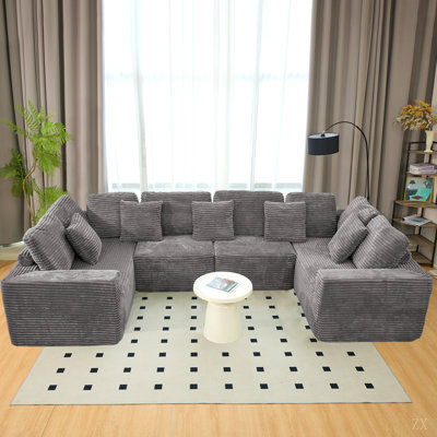 Canapé modulaire en forme de U de 135,5 pouces, méridienne 6 places avec design réversible, tissu en velours côtelé rayé - canapé de salon, disposition librement configurable.