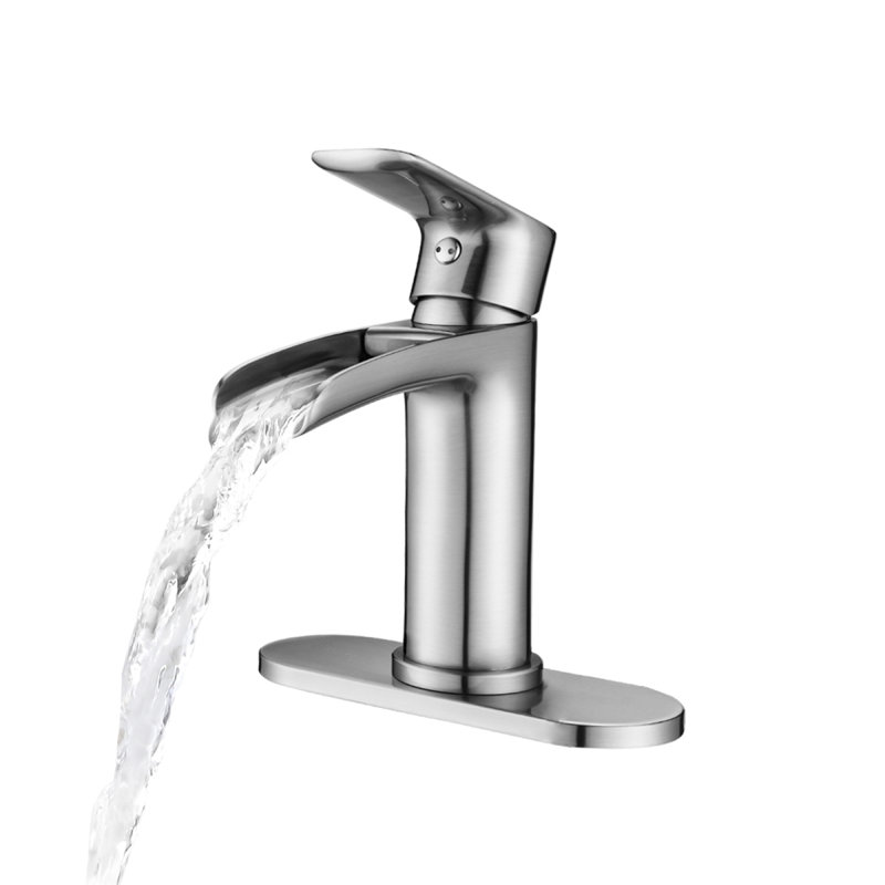 Waterfall Bathroom Faucet Single Handle Bathroom Sink Faucets 1 Or 3 Hole Solid Vanity Faucet With Deck Plate & Overflow Pop Up Drain Brushed Nickel