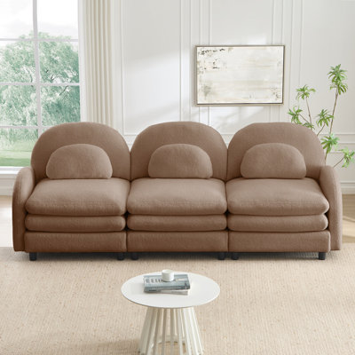 Canapé Teddy en tissu doux à 3 places, dossier incurvé et accoudoirs avec coussins lombaires incurvés, canapé modulaire à 3 places avec coussin de soutien