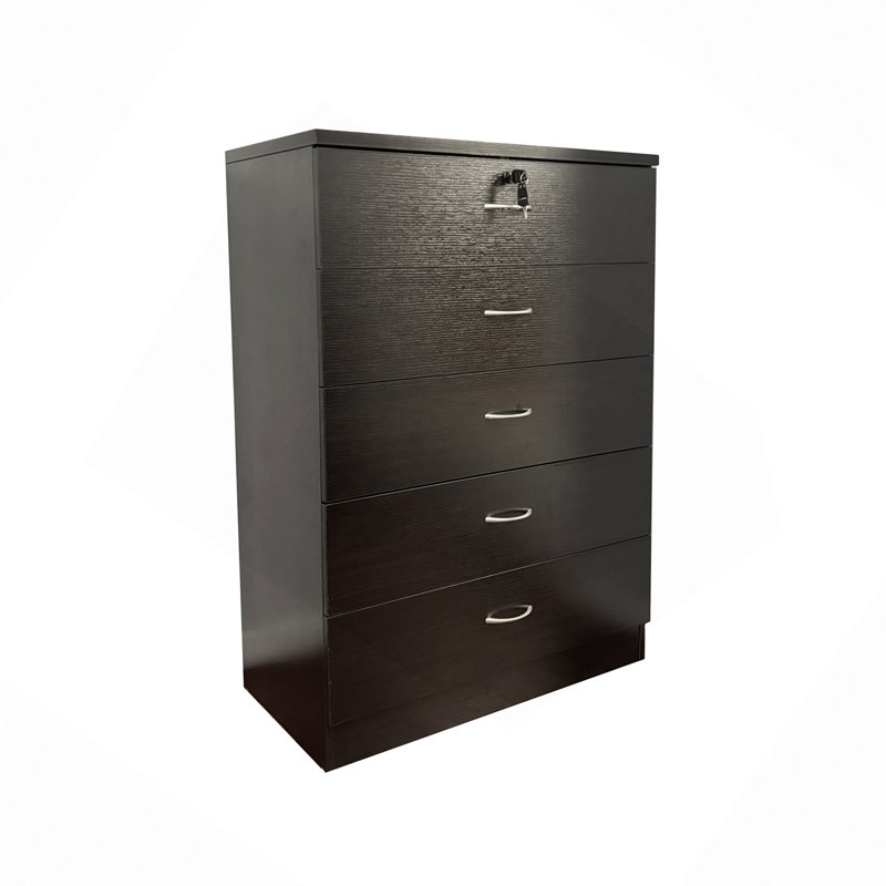 Commode à cinq tiroirs, poignées en métal, poignées en métal, tiroir à deux clés, glissières en métal, mélamine noire