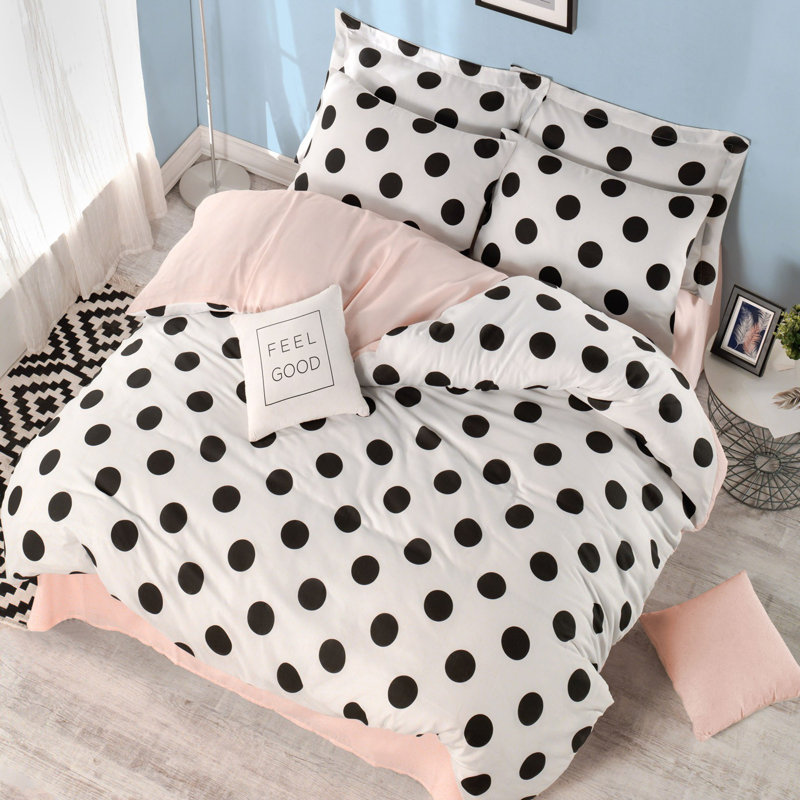 Ensemble de housse de couette en mélange de coton crème / noir / rose, Housse de couette pour très grand lit et 2 taies
