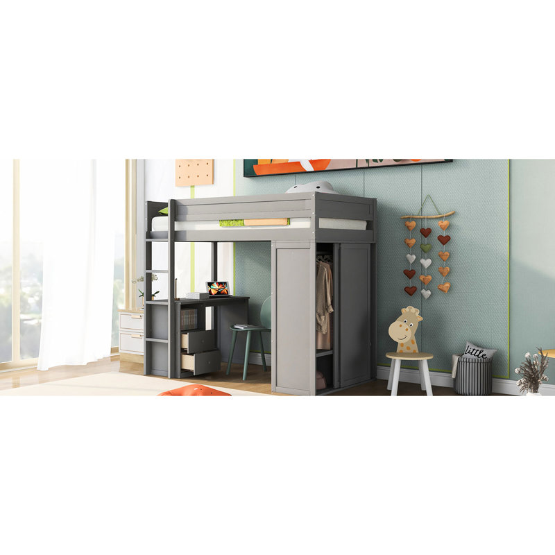 Lit mezzanine simple gris avec armoires encastrées, bureau et armoire de rangement, Lit simple, Gris
