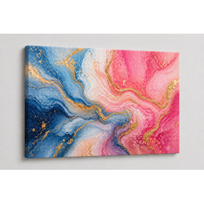 Impression sur toile 24 x 36 pouces, grand, abstrait, coloré, abstrait, fluide, bleu, rose et doré