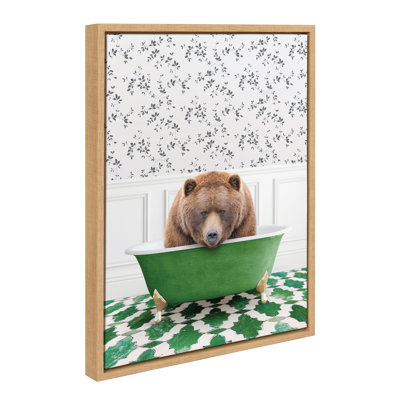 Big Bear In Eclectic Green Bath by Amy Peterson Framed Canvas Wall Art Print