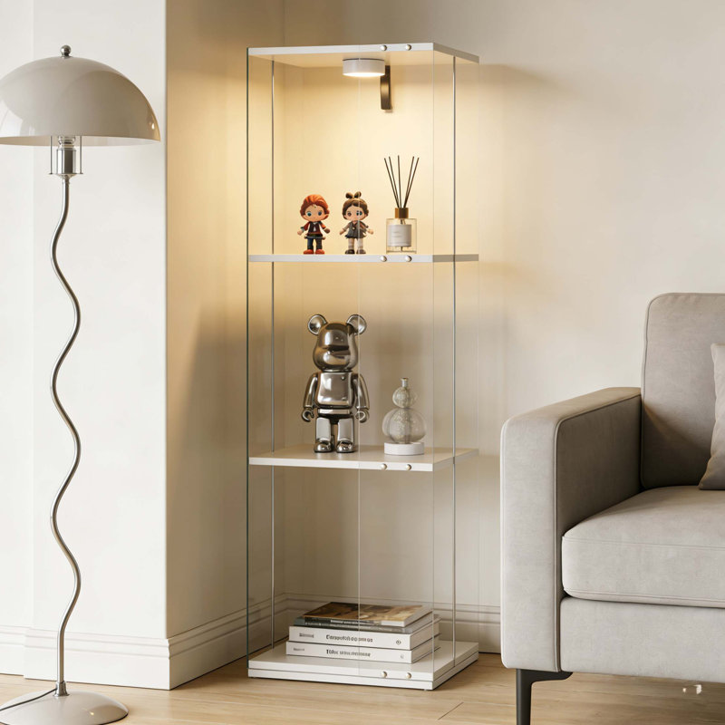 Vitrine rotative à trois couches avec éclairage télécommandé et pieds réglables, Blanc