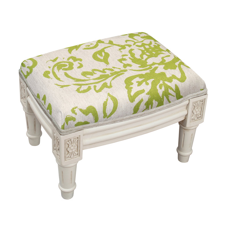 Camary Upholstered Ottoman, White, Chartreuse/White Linen Blend