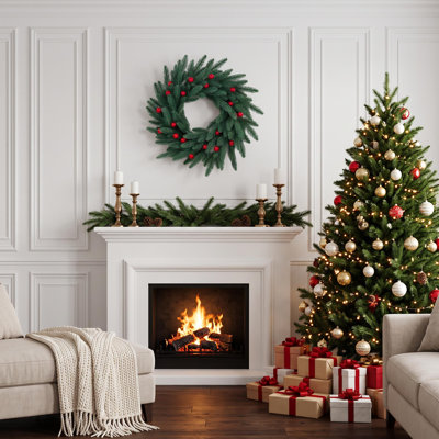 24" Pre-Lit Christmas Wreath with Red Berries & Pine Cones, 20 LED Lights for Front Door, Mantel & Wall Decor