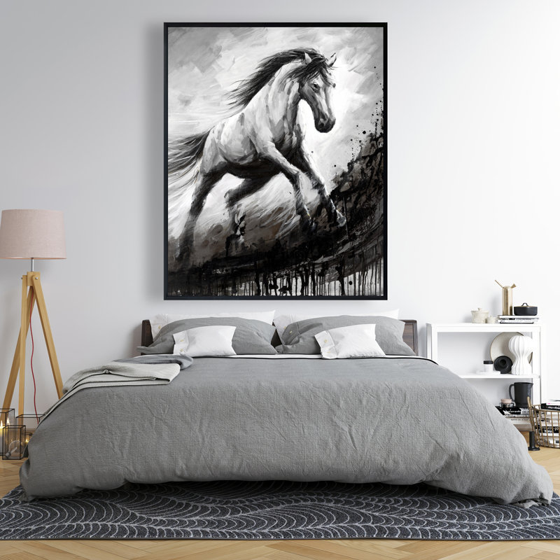 Cheval blanc au vent - Toile encadrée rustique noire