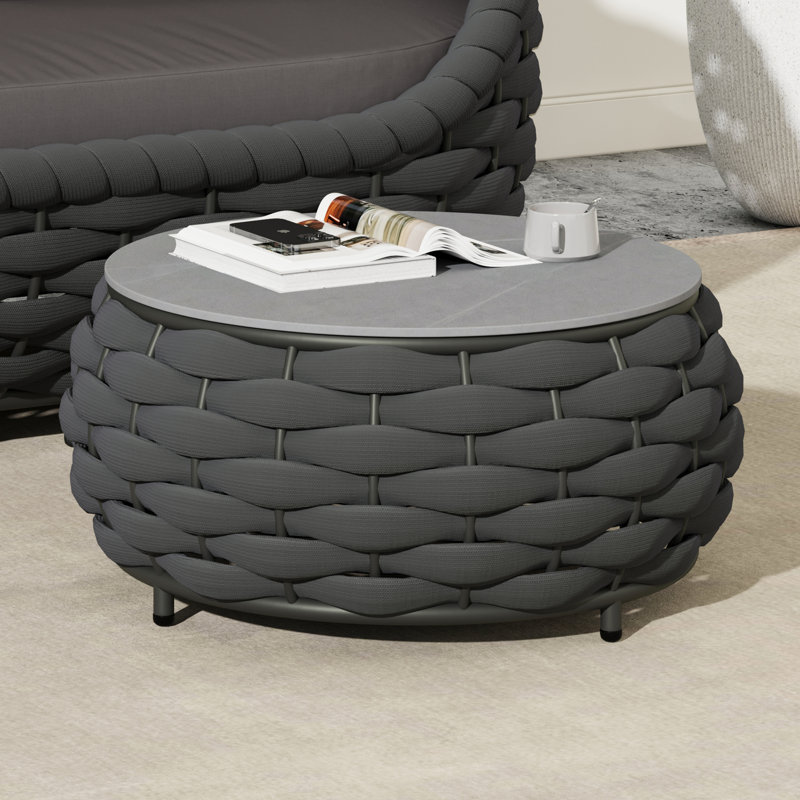 Table basse ronde d'extérieur avec plateau en marbre fritté à motif marbré, Gris foncé