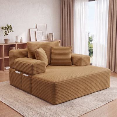 48.5" Corduroy Chaise Lounge Full-Size Upholstered Sleeper Sofa Bed With 2 Pillows And Side Pockets - No Assembly Required