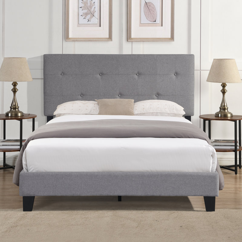 Structure de lit double moderne - rembourrée avec tête de lit à boutons en lin sans sommier à lattes en bois facile à assembler Support gris capitonné aspect gris