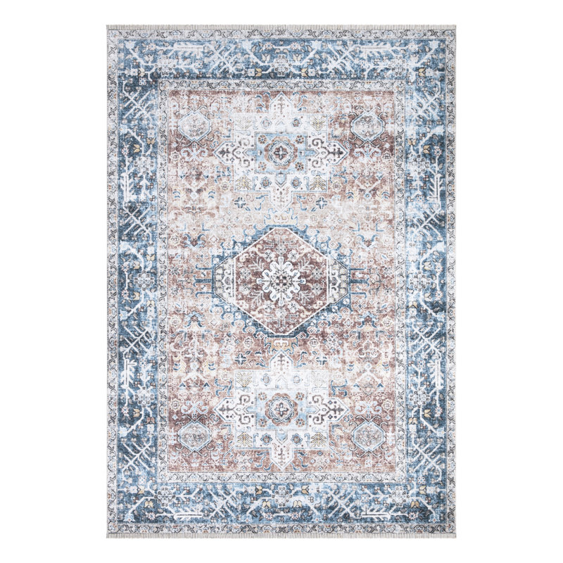 Tapis lavable antidérapant traditionnel bleu / corail pour vestibule, couloir, salle de bain et cuisine