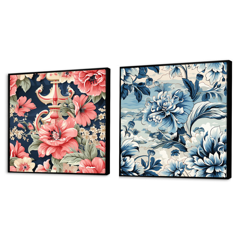 Pavone - Ensemble de 2 collages carrés botaniques abstraits, Cadre flottant noir, H 30 po x l 61 po
