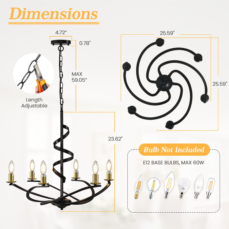 6 - Light Dimmable Candle Style Classic Chandelier With Wrought Iron Accents（Set Of 2）, 83.45" H x 25.59" W x 25.59" D