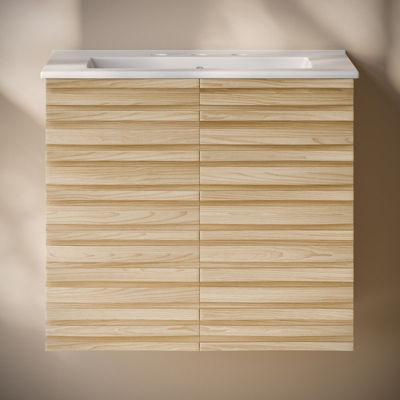 Ensemble de meuble-lavabo mural avec lavabo 24 po Judd, Blanc, Chêne naturel