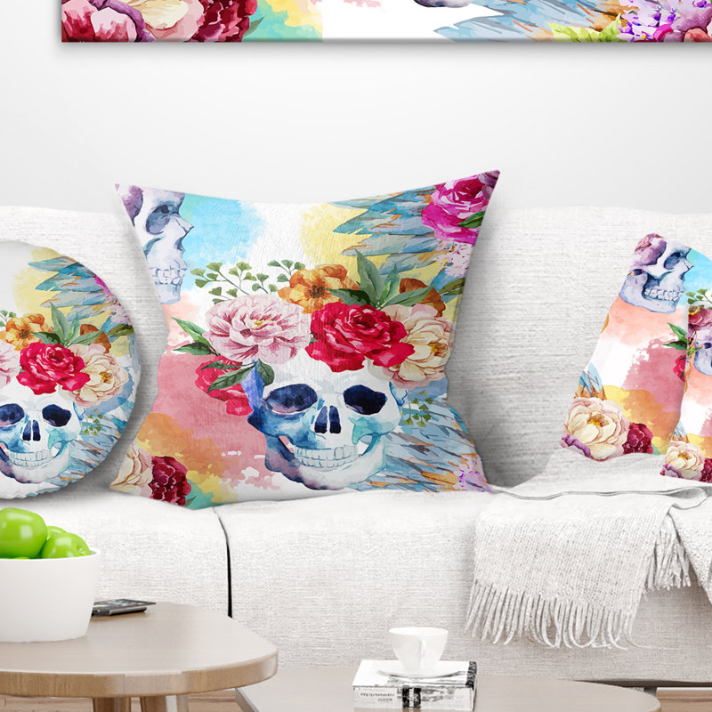 Crâne ethnique avec fleurs - coussin à imprimé floral, 16 po x 1 po, Coussin décoratif