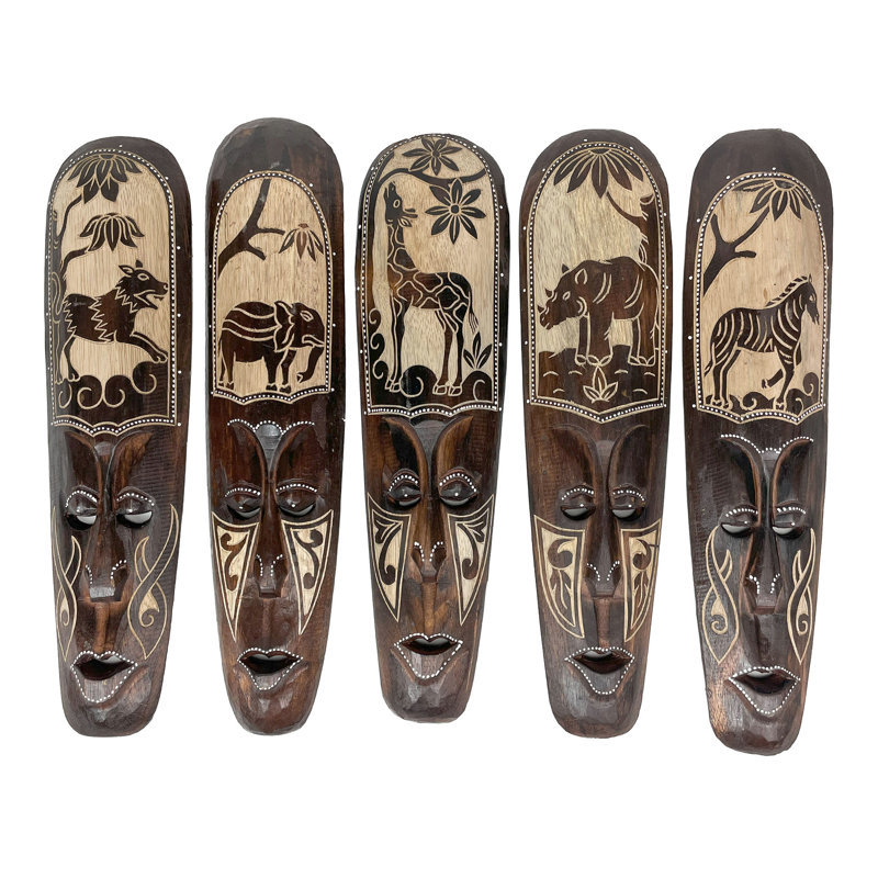 Ensemble de 5 masques muraux en bois sculptés à la main représentant des animaux africains