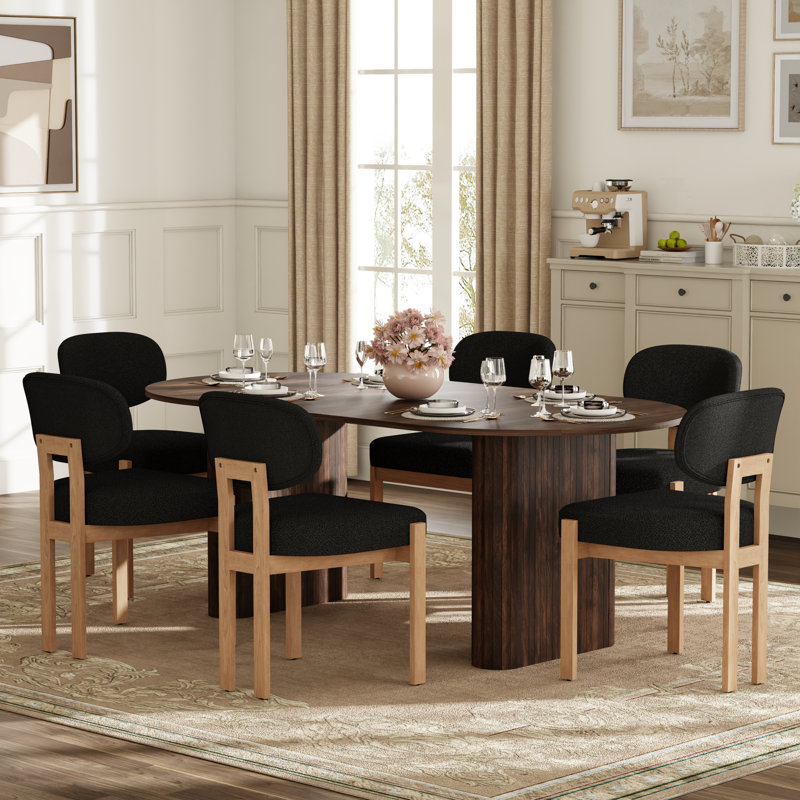 Ensemble de table de salle à manger avec table ovale et 4 à 6 chaises rembourrées, Brun, 7 Pieces: Table, 6 Chairs, Noir