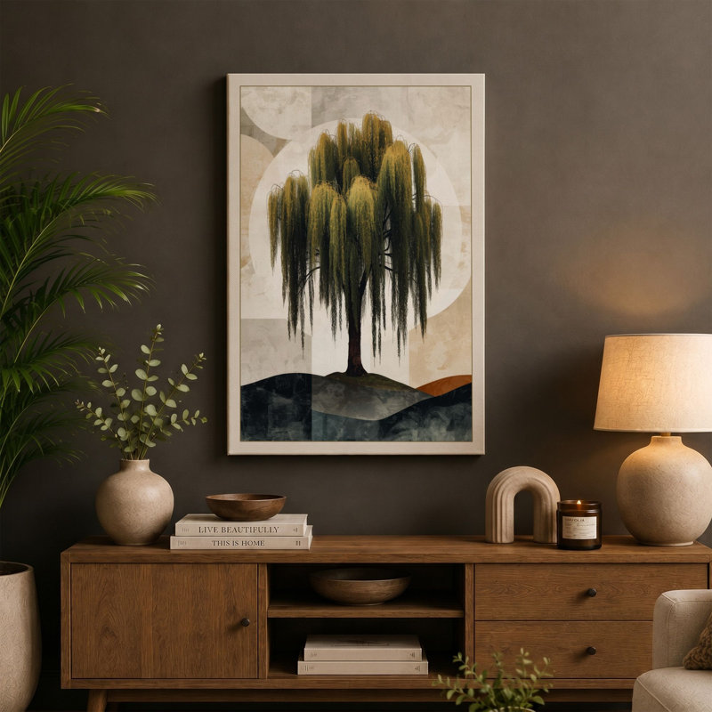 Weeping Willow Japandi - Wrapped Canvas, 24x16 - 61.0 x 40.6 cm, Teal Border