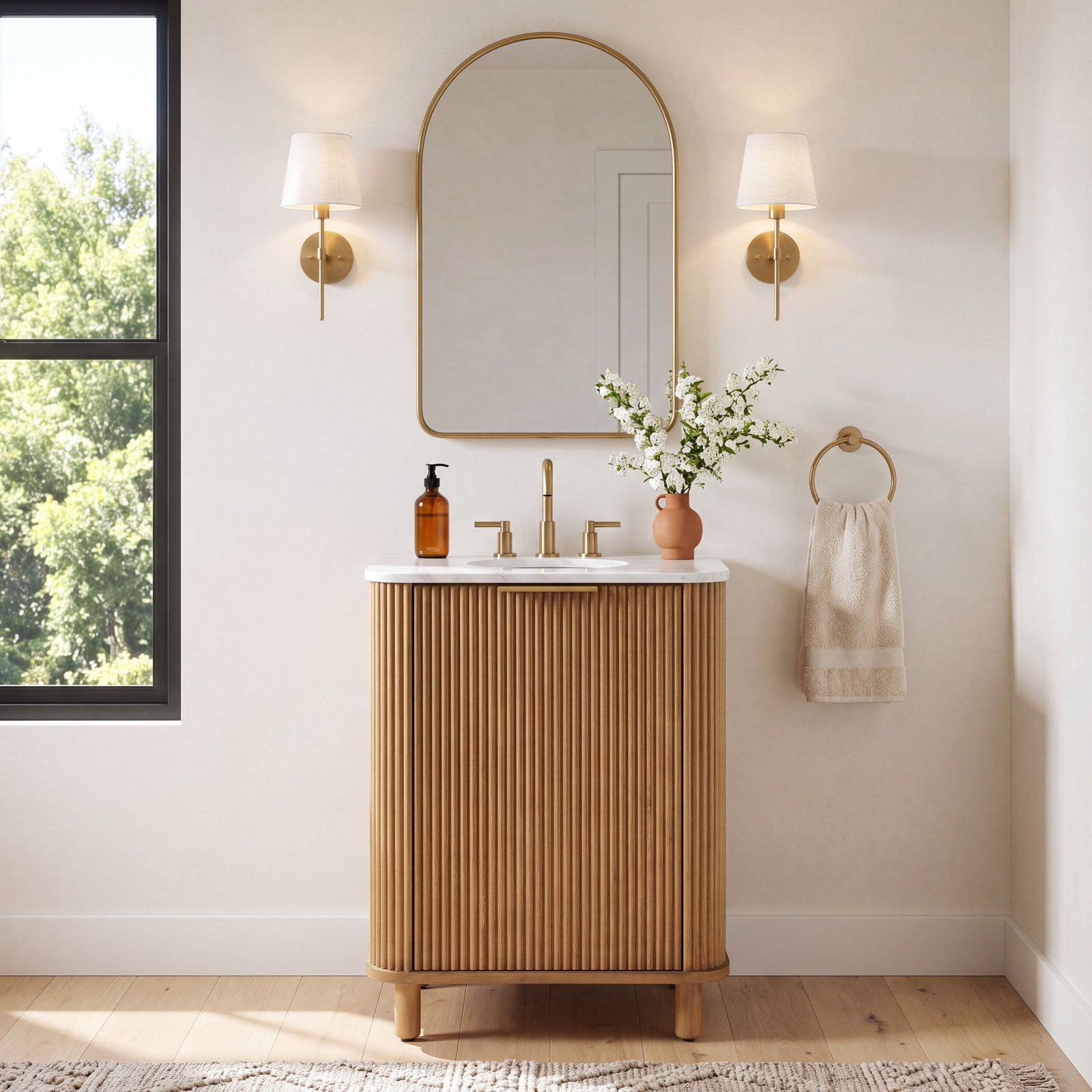 Nova 24" Carrara Marble Single Bathroom Vanity, Reeded Birch