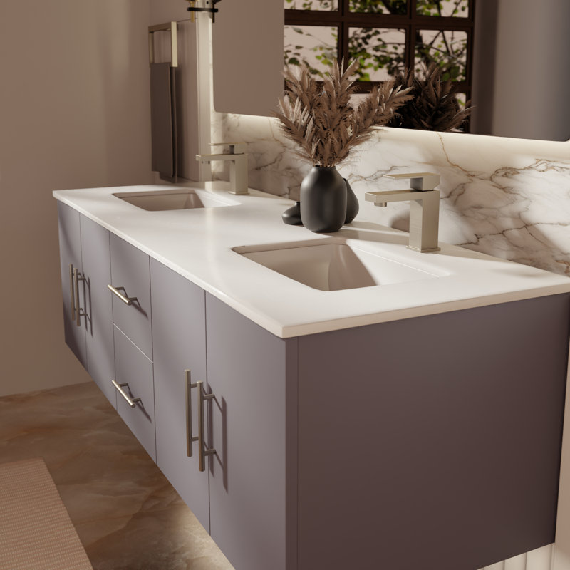 Geneva 60" Wall-Mounted Double Bathroom Vanity Set, Dark Gray, White Cultured Marble