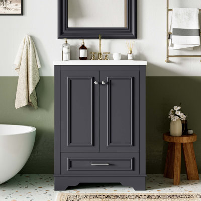Ensemble de meuble-lavabo 24 po avec lavabo en céramique, armoire de rangement autoportante moderne avec poignées argentées, portes à fermeture douce