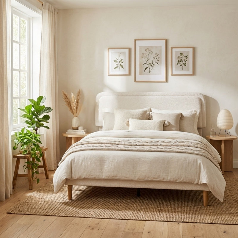 Structure de lit rembourré douillet Cozy Teddy, lit plateforme beige moderne avec tête de lit réglable en hauteur à 3 niveaux