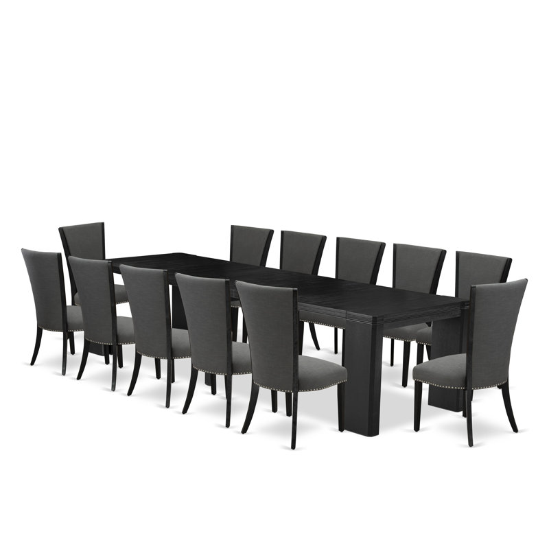 Ensemble de table de salle à manger 13 pièces, table de cuisine rectangulaire et 12 chaises de salle à manger en tissu gris foncé Gotham, noir brossé
