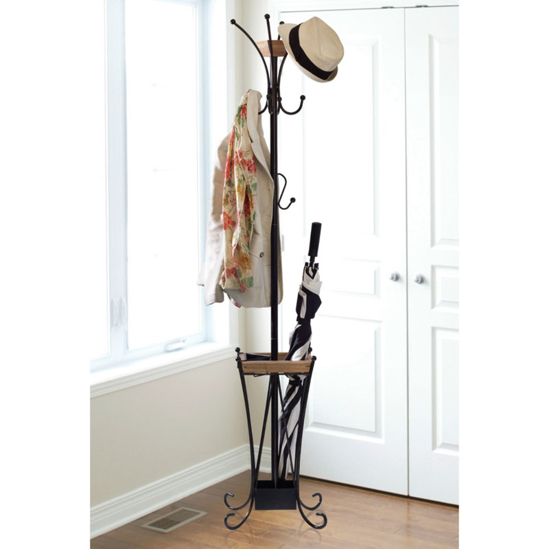 Antique Black and Acacia Wood Coat Rack with Umbrella Stand