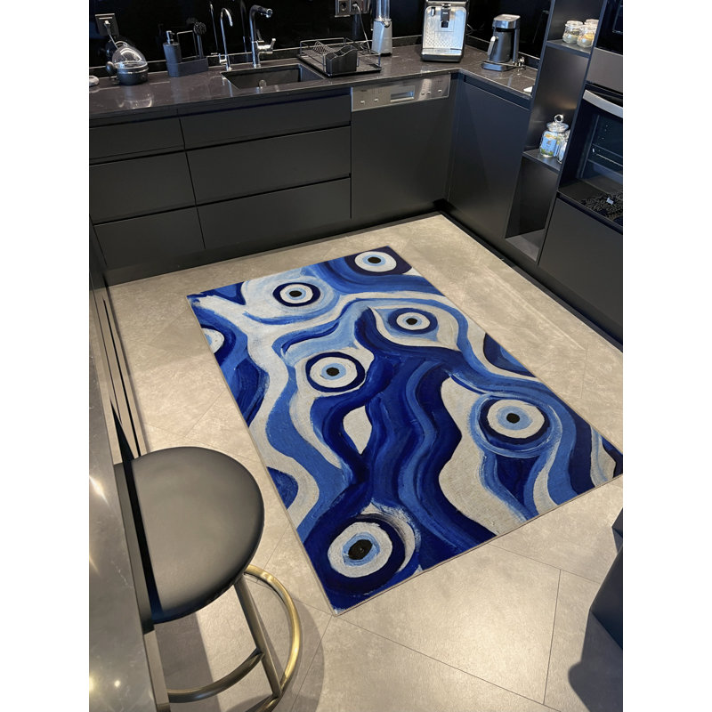 Tapis décoratif moderne à motif ondulé et bleu, Tapis de couloir 3 pi 3,37 po x 6 pi 6,74 po
