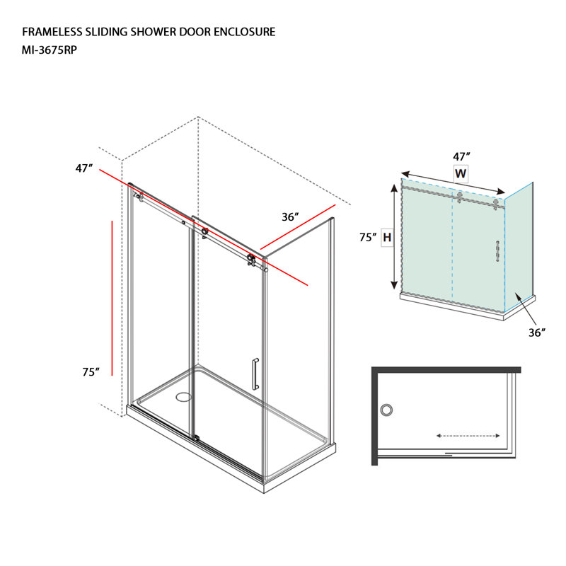 45.75" - 47"W x 75"H Frameless Shower Door, Matte Black