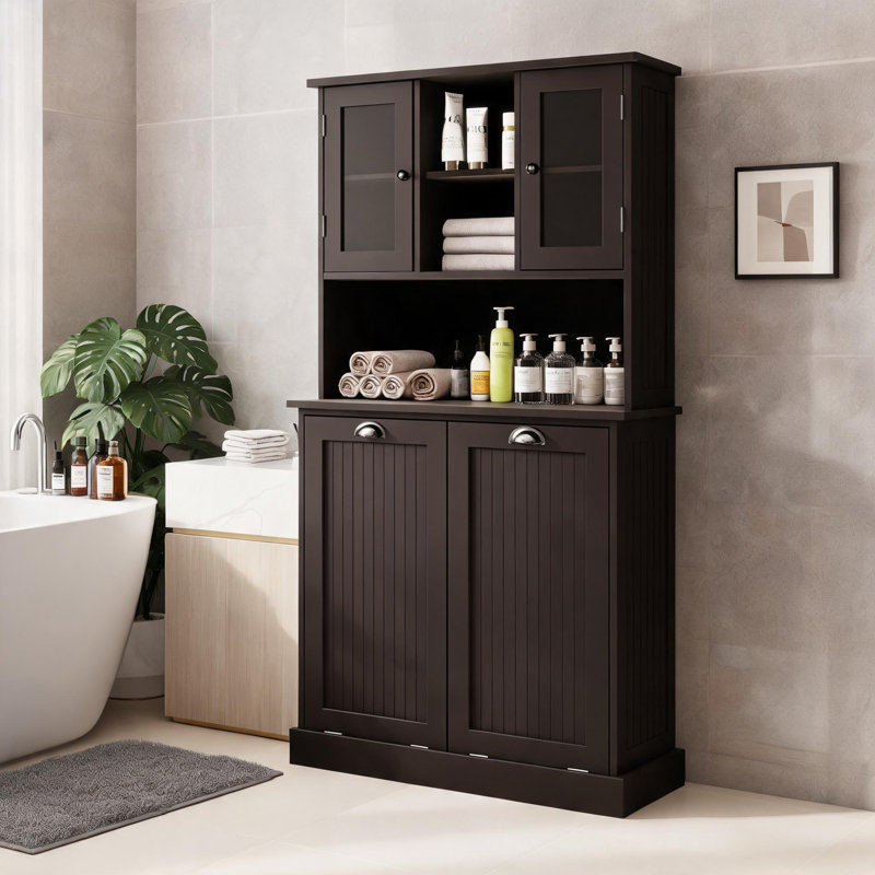 Grande armoire de rangement noire pour salle de bain avec panier à linge inclinable à deux compartiments, armoire autoportante avec 2 tablettes réglables