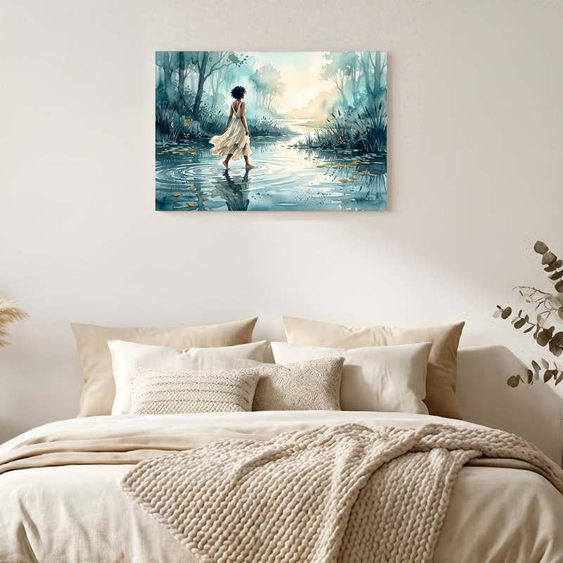 «Woman Walking in Blue Watercolor Stream Forest», art mural, 20"H x 30"W