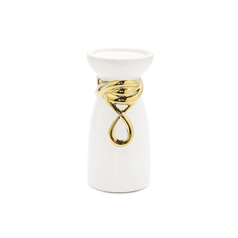 Porte-bougie blanc avec motif doré H 8 po, H 8 po x l 4 po x P 4 po