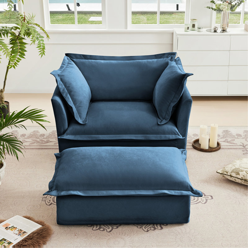 Fauteuil rembourré avec housse avec repose-pieds, Chenille - bleu