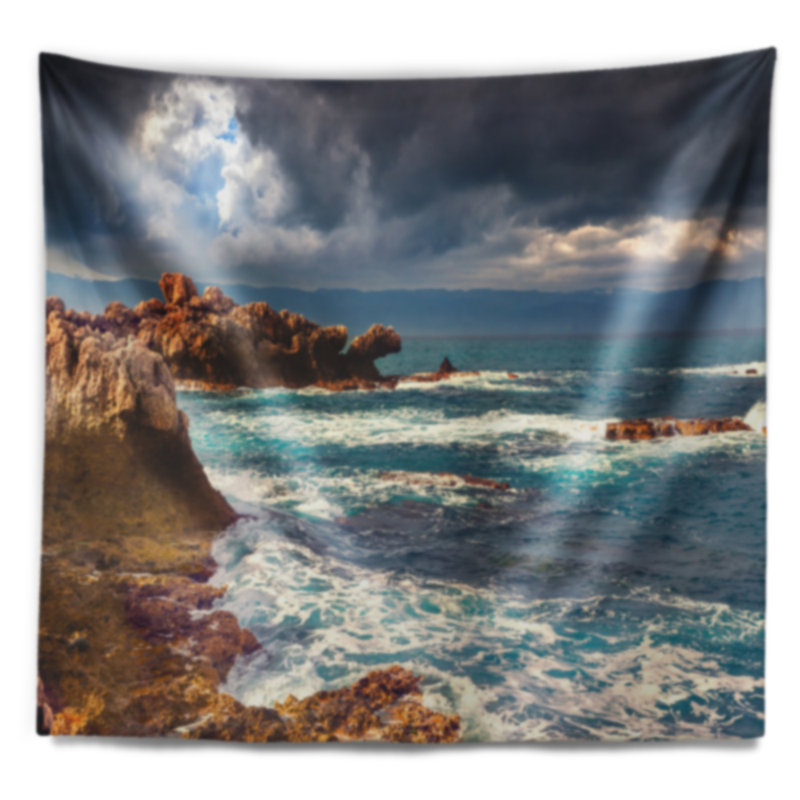 Tapisserie météo de pluie volcanique de mer mer shore, H 78 po x l 92 po