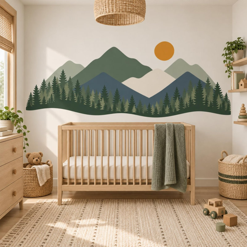 Autocollant mural repositionnable Forêt de montagne pour chambre d'enfant et crèche, L 100 po x H 50 po