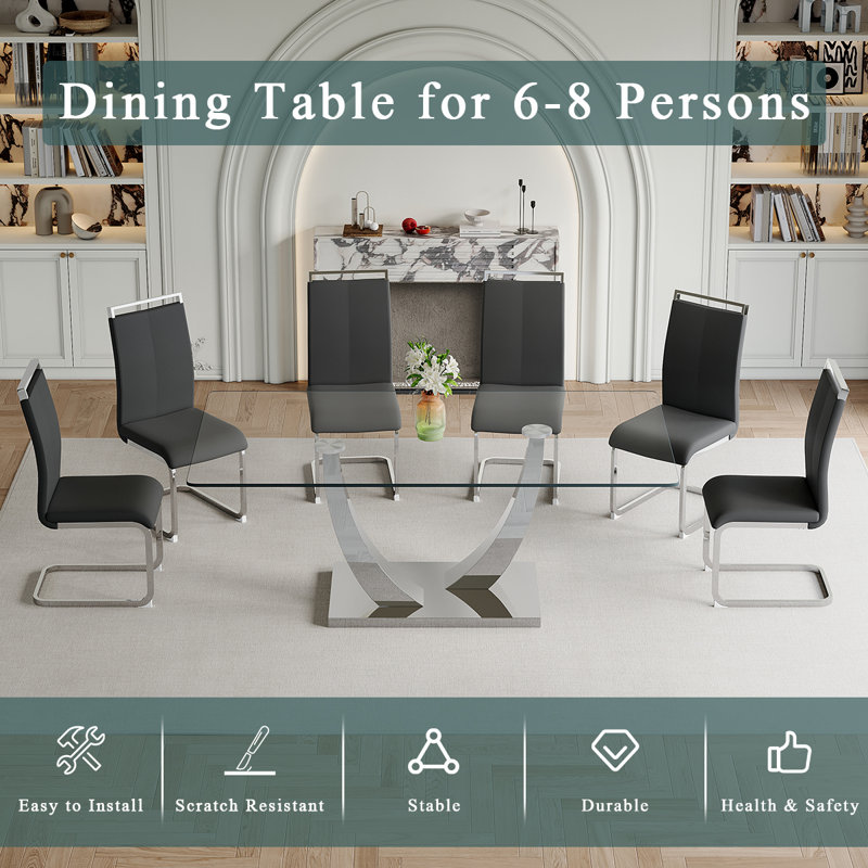 Glass Dining Table Set, Black, 7