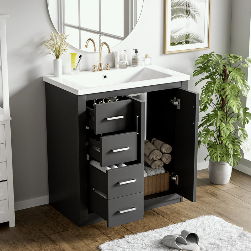 Bathroom Vanity with Ceramic Sink, 3 Drawers and Soft Closing Doors, Black