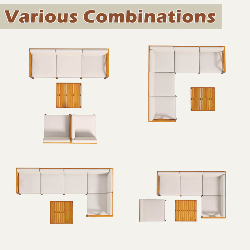 6 Pcs Acacia Wood Patio Furniture Set With Cushions And Coffee Table For Garden