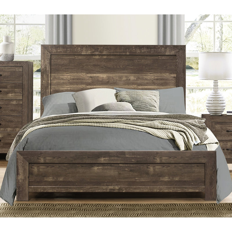 Grand lit en bois brun rustique avec rails de tête de lit pour chambre à coucher, tête de lit, rails, fabrication en bois
