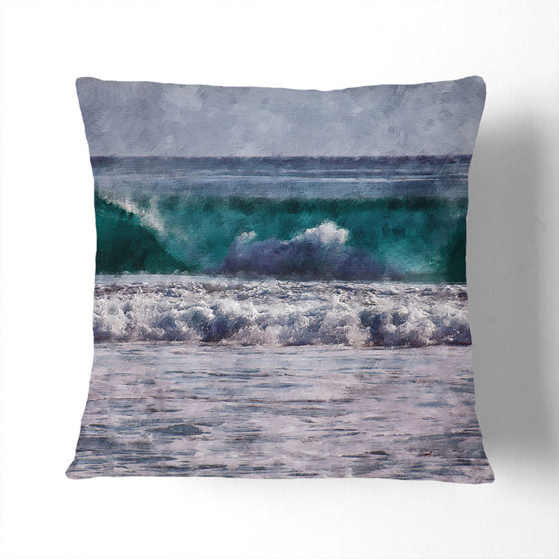 Ocean Wave Painting Square Throw Cushion, 40cm H x 40cm W x 15cm D, Stone
