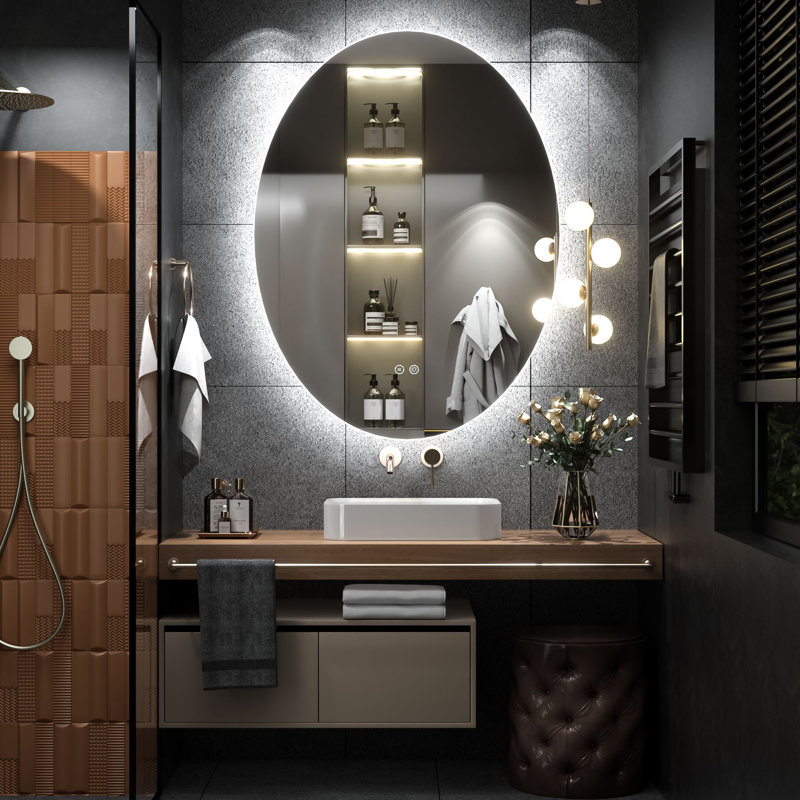 Miroir de salle de bain mural en verre trempé Molly, 32 po x 24 po, Ovale