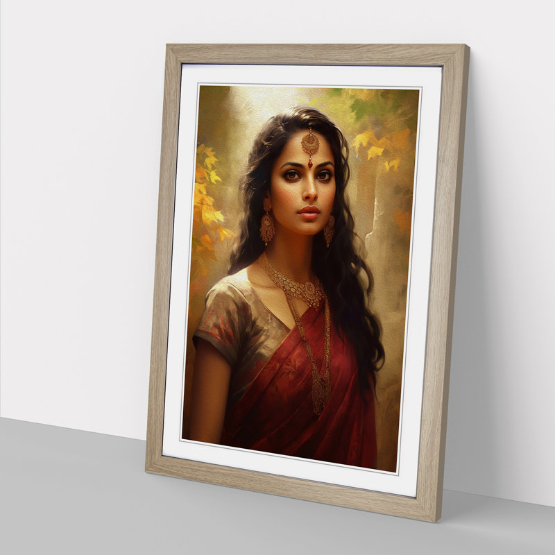 Indian Woman Classicism - Single Picture Frame Print on Wood, 46cm H x 34cm W x 2cm D, Oak 