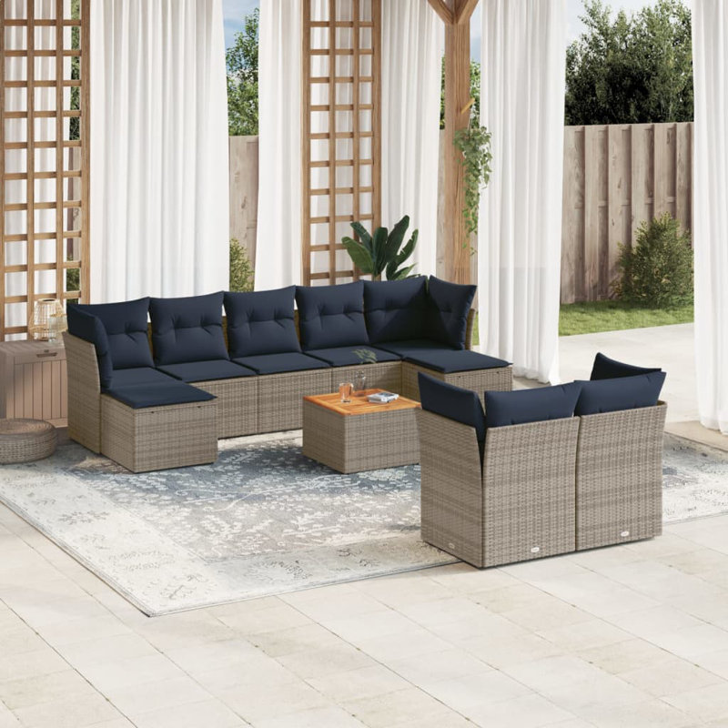 Ensemble de canapé de patio 10 pièces avec coussins en rotin de polyester, Gris, Marine