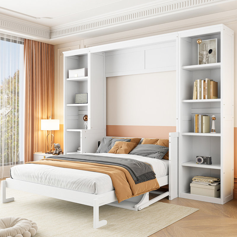 Lit double avec bureau et bibliothèque, blanc - configuration durable et peu encombrante, Lit double